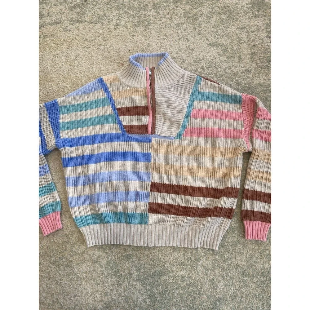 Flat White Size Small 80s Striped 1/4 Zip Sweater Oversized Hamptons East Coast